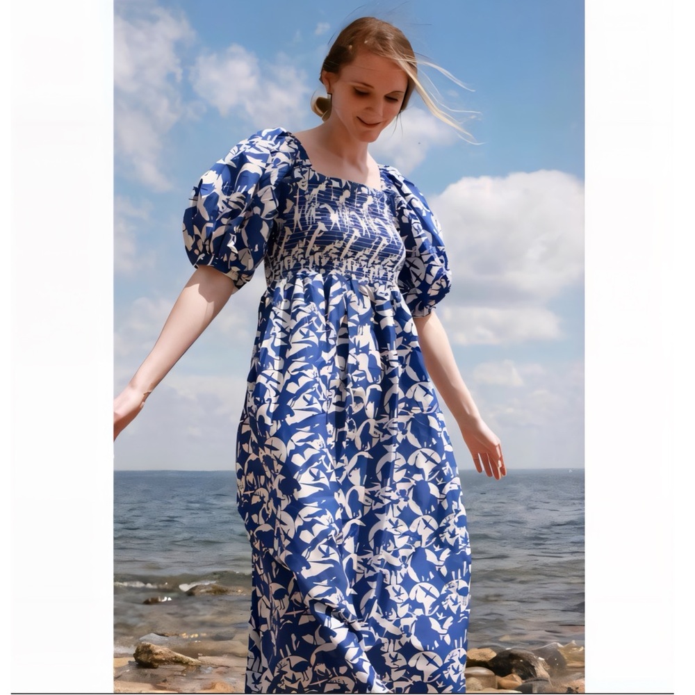 NWT Jessie Zhao Animal World smocked cotton silk blue white midi dress Sz Small